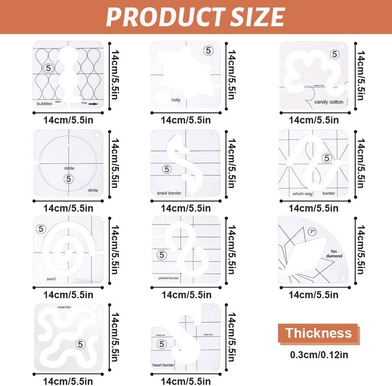 AUMACHEN 14 PCs Free Motion Quilting Template Set Includes 11 Quilting Templates 3mm, High Shank Ruler Foot, Non-Slip Grips, Free Motion Quilting Rulers and Templates for DIY Quilting on Sewing Machine - Image 2